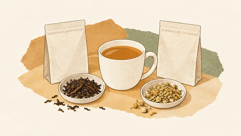 Paper-collage illustration of two blank tea pouches, a cup, dark tea leaves and a separate dish of herbal infusion pieces.