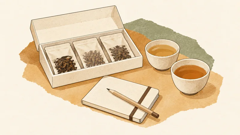 An open box of blank tea sample packets, two tasting cups and a notebook with a pencil.