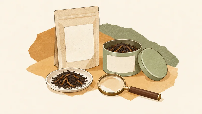 Paper-collage illustration of blank-labeled tea packages, a dish of leaves and a magnifying glass.