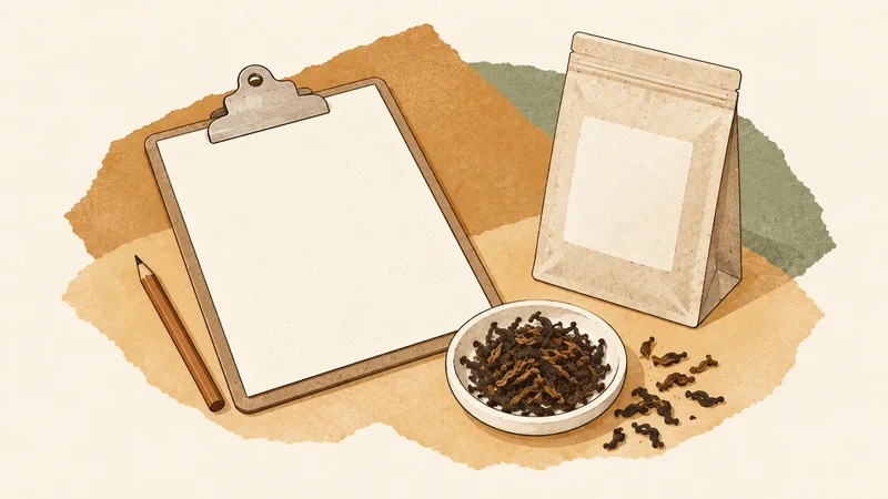 Paper-collage illustration of a blank clipboard, plain tea pouch, pencil and dish of dry leaves.