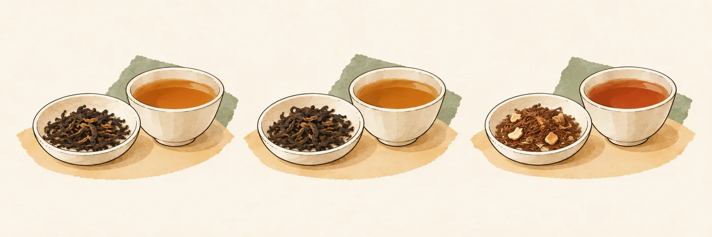 Conceptual settings for regular tea, decaffeinated tea and a naturally caffeine-free herbal infusion.