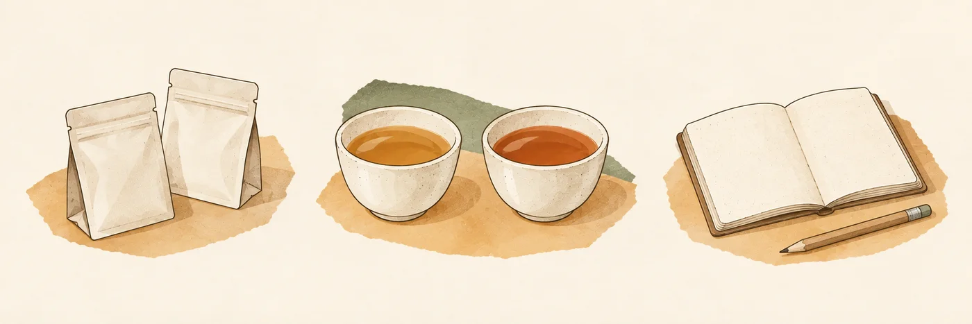 Small tea packets, two tasting cups and an open blank notebook in three groups.