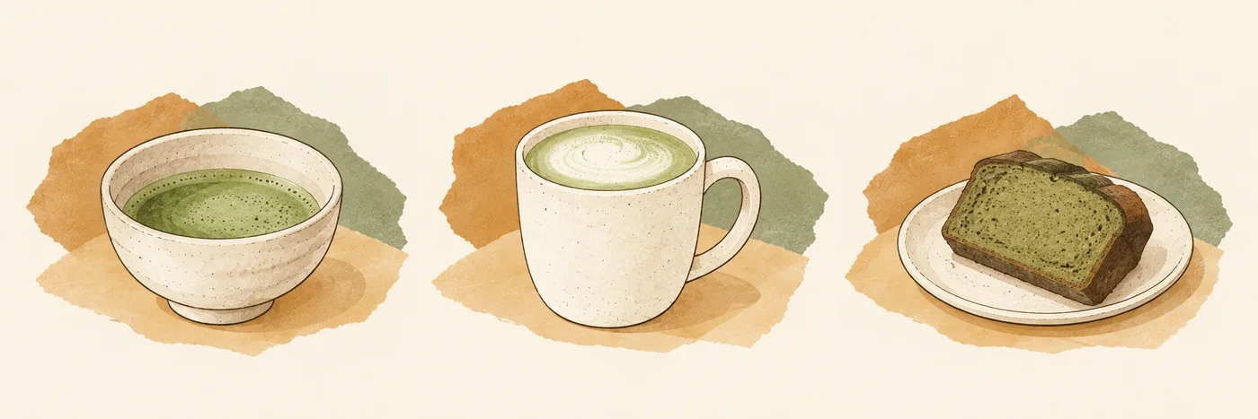 A bowl of matcha, a mug of matcha latte and a slice of matcha cake on a plate.