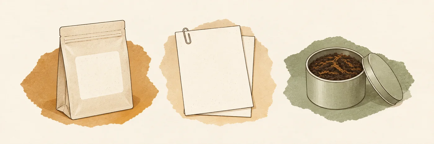 A plain tea pouch, blank clipped paperwork and an open tin of tea arranged in a row.