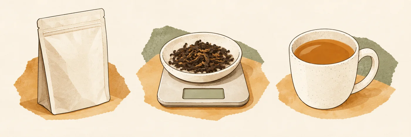 A plain pouch, a dish of tea on a scale and a mug arranged in a row.