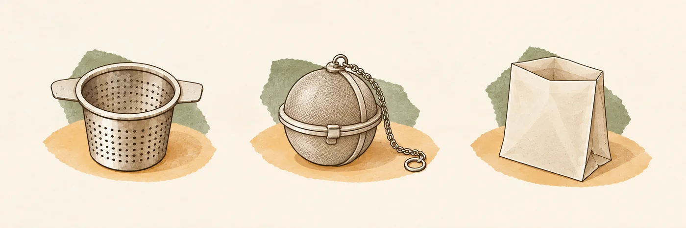 An open basket infuser, closed mesh tea ball with a chain and open paper filter arranged side by side.