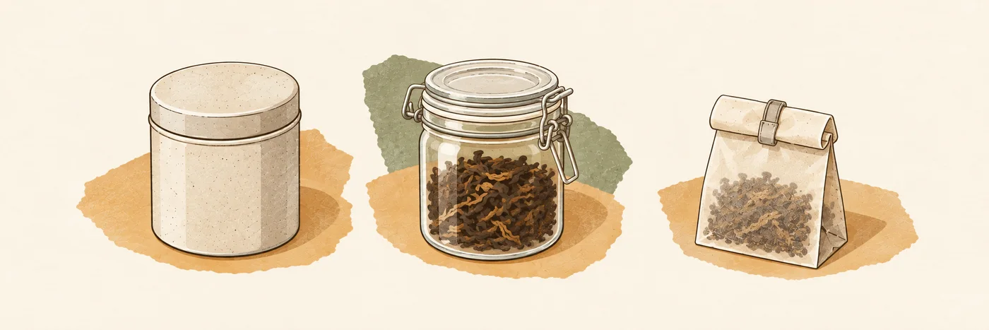 A tea tin, sealed glass jar and rolled pouch with a clip arranged side by side.