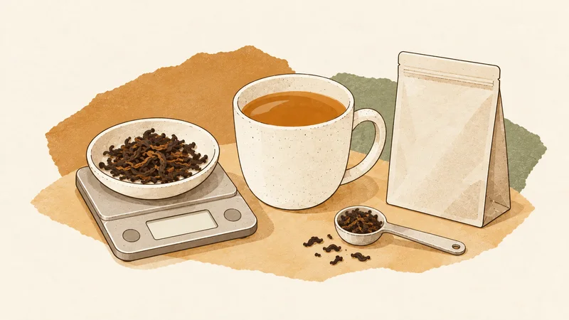 A mug of tea beside a kitchen scale holding leaves, a plain tea pouch and a spoon.