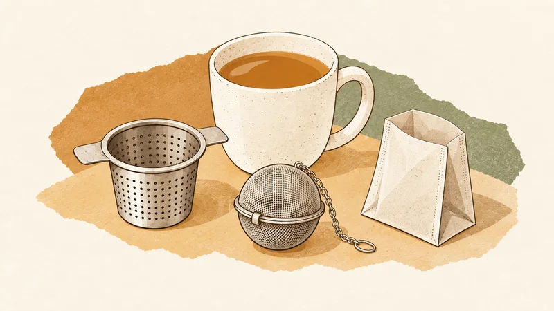 Paper-collage illustration of a cream mug, basket infuser, mesh tea ball and empty paper filter.