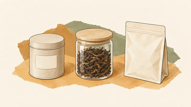 A closed tea tin, glass jar of leaves and resealable pouch in warm paper-collage style.